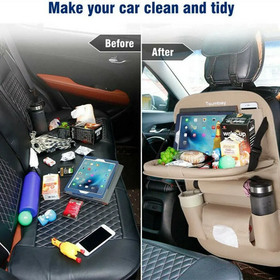 Car Back Seat Organizer with Foldable Table Tray PU Leather Storage Organizer