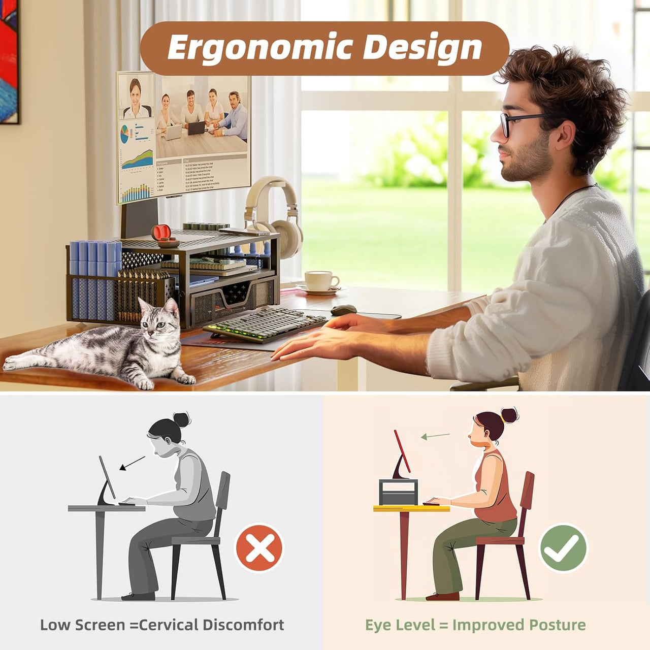 Monitor Stand Riser with Storage Organizer – Metal Mesh Desk Shelf